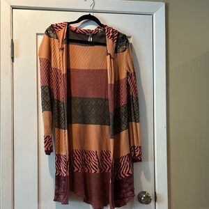 BKE Striped Multicolor Hooded Sweater - brick red, navy and mauve.